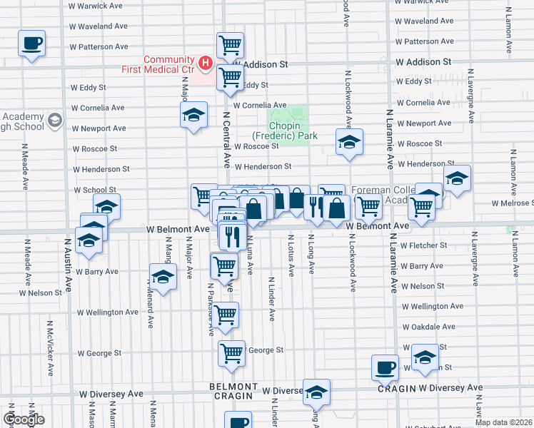 map of restaurants, bars, coffee shops, grocery stores, and more near 5455 West Belmont Avenue in Chicago