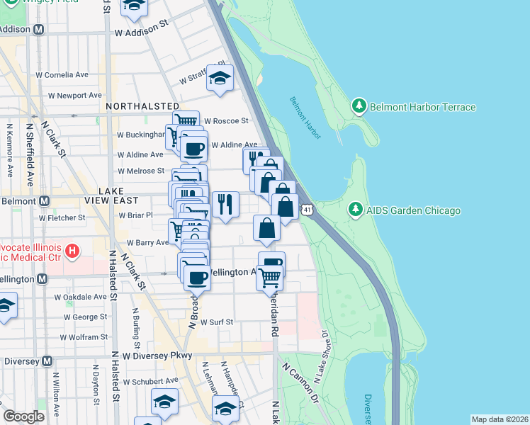 map of restaurants, bars, coffee shops, grocery stores, and more near 423A West Briar Place in Chicago