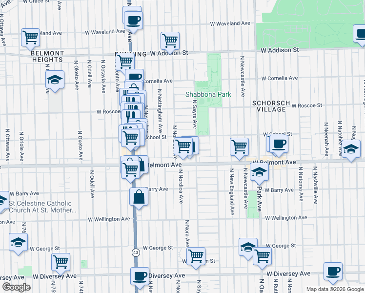 map of restaurants, bars, coffee shops, grocery stores, and more near 7034 West Belmont Avenue in Chicago