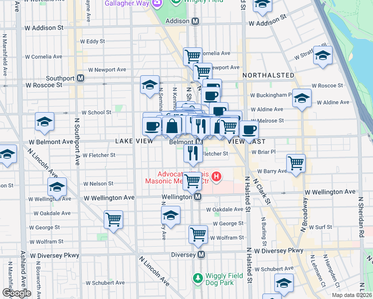 map of restaurants, bars, coffee shops, grocery stores, and more near 3109 North Sheffield Avenue in Chicago