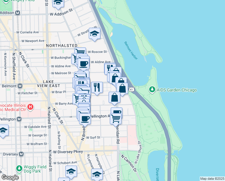 map of restaurants, bars, coffee shops, grocery stores, and more near 3150 North Sheridan Road in Chicago