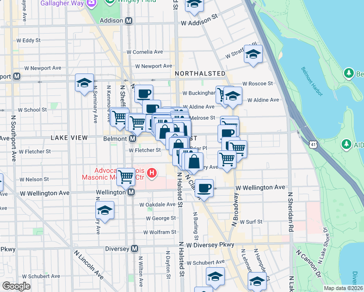 map of restaurants, bars, coffee shops, grocery stores, and more near 750 West Briar Place in Chicago