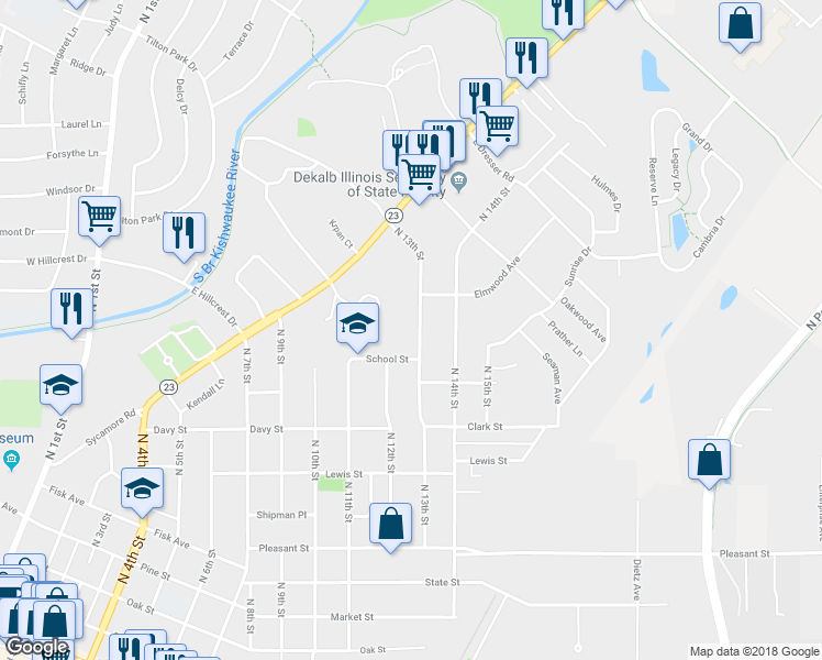 map of restaurants, bars, coffee shops, grocery stores, and more near 1105 North 13th Street in DeKalb