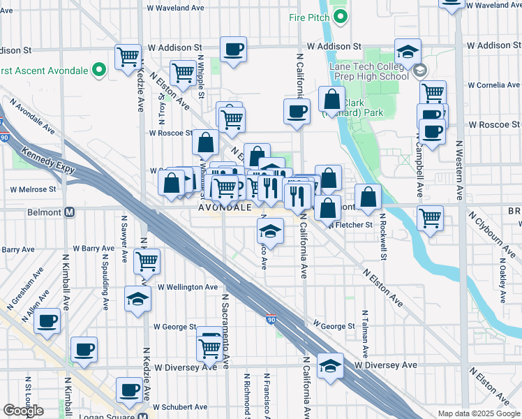 map of restaurants, bars, coffee shops, grocery stores, and more near 2901 West Belmont Avenue in Chicago