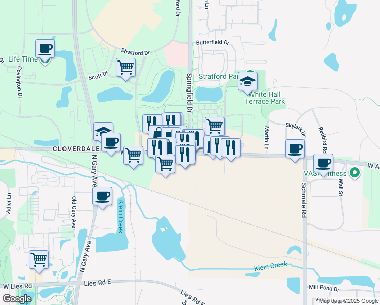 map of restaurants, bars, coffee shops, grocery stores, and more near W Army Trail Rd & Springfield Dr in Bloomingdale