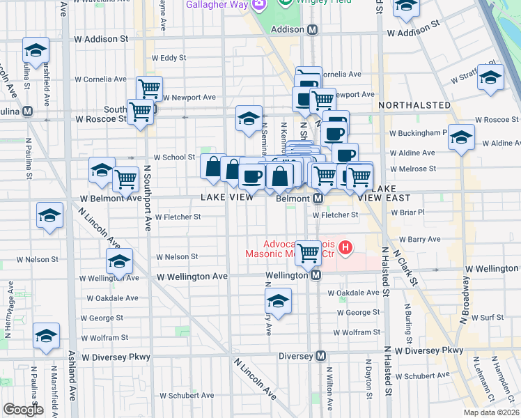 map of restaurants, bars, coffee shops, grocery stores, and more near 3138 North Seminary Avenue in Chicago