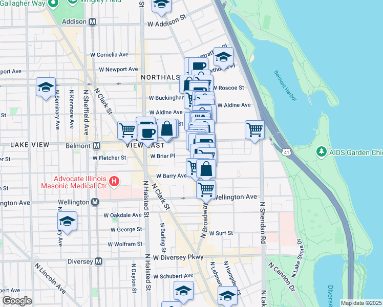 map of restaurants, bars, coffee shops, grocery stores, and more near 622 West Briar Place in Chicago