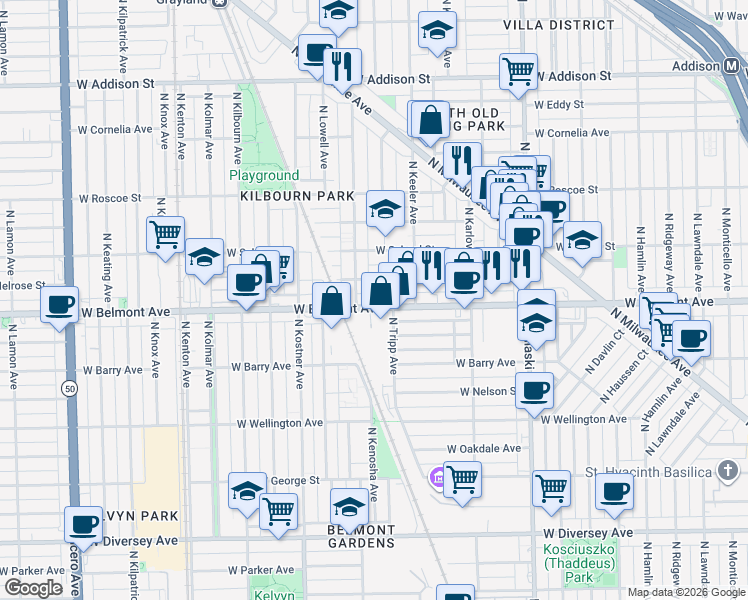 map of restaurants, bars, coffee shops, grocery stores, and more near 4234 West Melrose Street in Chicago
