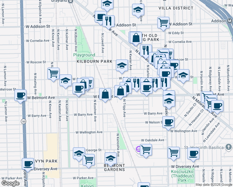 map of restaurants, bars, coffee shops, grocery stores, and more near 4234 West Melrose Street in Chicago
