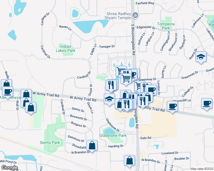 map of restaurants, bars, coffee shops, grocery stores, and more near 134 Lake Ridge Drive in Glendale Heights