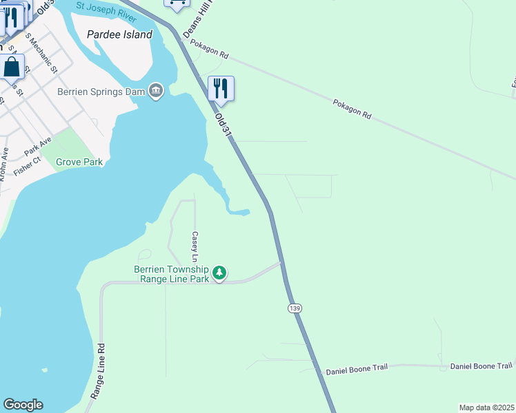 map of restaurants, bars, coffee shops, grocery stores, and more near 9910 Old 31 in Berrien Springs