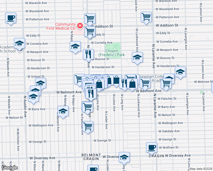 map of restaurants, bars, coffee shops, grocery stores, and more near 3214 North Linder Avenue in Chicago