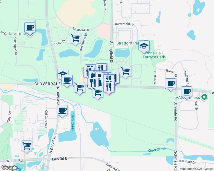 map of restaurants, bars, coffee shops, grocery stores, and more near 357 West Army Trail Road in Bloomingdale