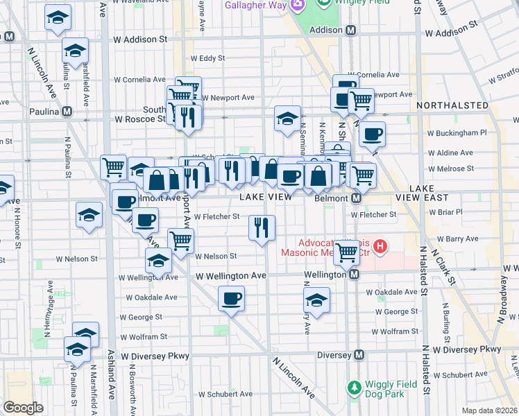 map of restaurants, bars, coffee shops, grocery stores, and more near 3142 North Racine Avenue in Chicago