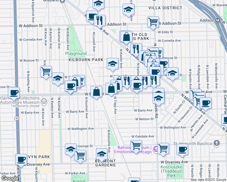 map of restaurants, bars, coffee shops, grocery stores, and more near 4232 West Belmont Avenue in Chicago