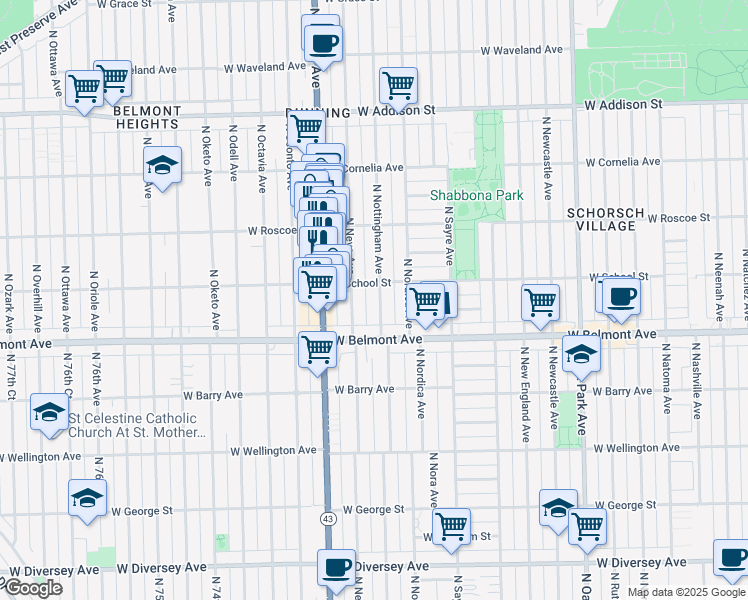 map of restaurants, bars, coffee shops, grocery stores, and more near 7070 West School Street in Chicago