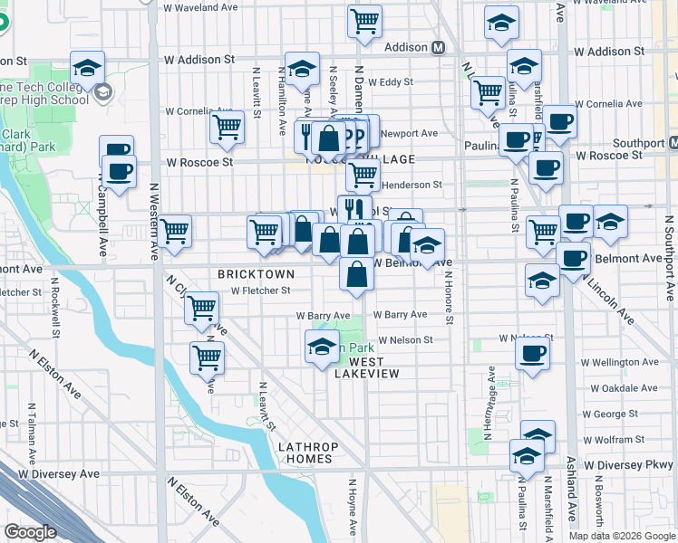 map of restaurants, bars, coffee shops, grocery stores, and more near 2026 West Belmont Avenue in Chicago