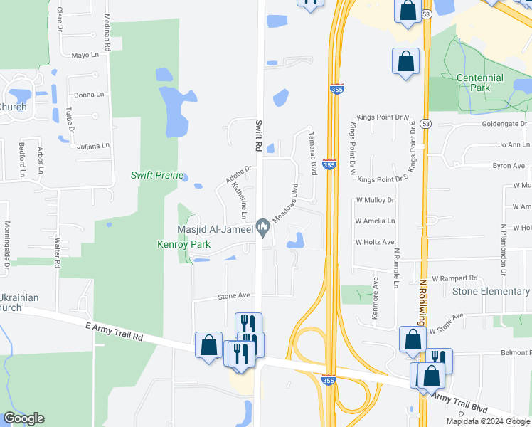 map of restaurants, bars, coffee shops, grocery stores, and more near 659 North Swift Road in Addison