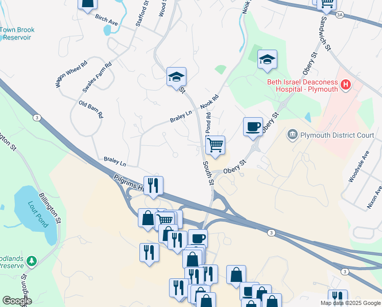 map of restaurants, bars, coffee shops, grocery stores, and more near 25 South Pond Road in Plymouth