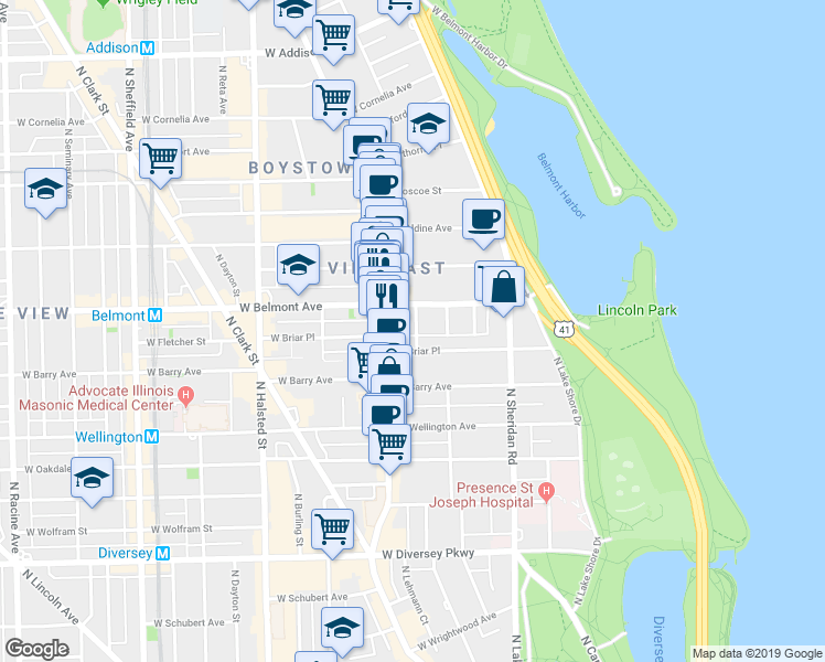 map of restaurants, bars, coffee shops, grocery stores, and more near 535 West Belmont Avenue in Chicago