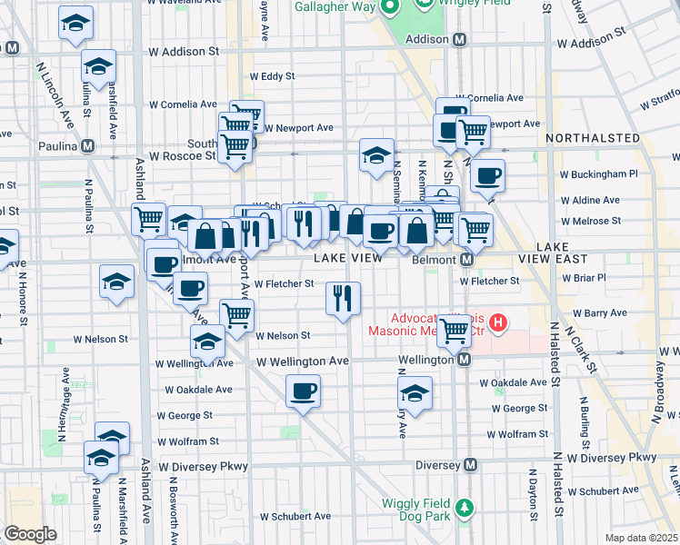 map of restaurants, bars, coffee shops, grocery stores, and more near 1224 West Belmont Avenue in Chicago