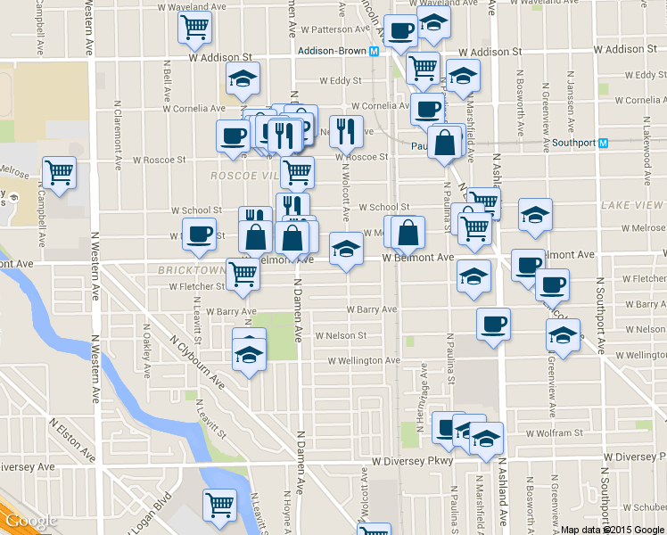 map of restaurants, bars, coffee shops, grocery stores, and more near 1912 West Belmont Avenue in Chicago