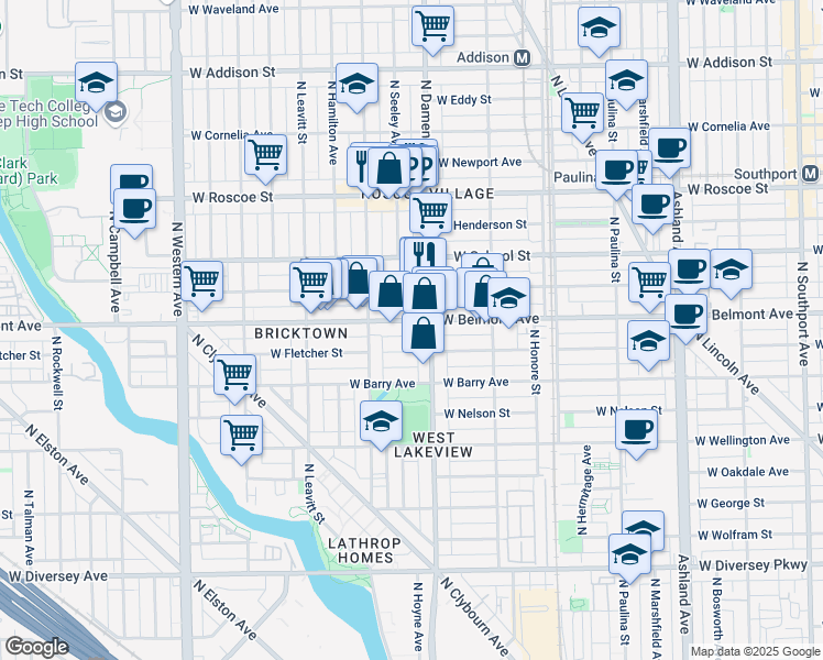 map of restaurants, bars, coffee shops, grocery stores, and more near 2026 West Belmont Avenue in Chicago