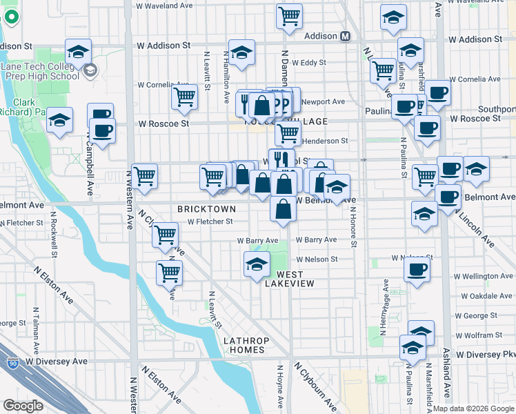 map of restaurants, bars, coffee shops, grocery stores, and more near 2026 West Belmont Avenue in Chicago