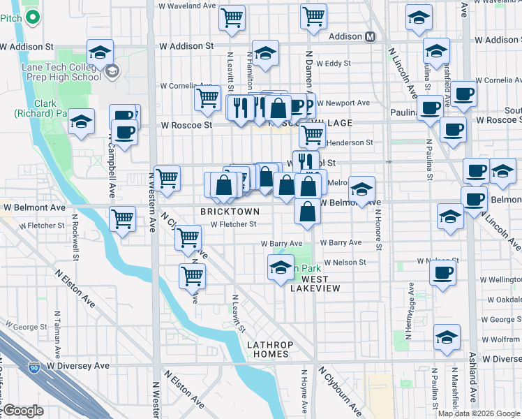 map of restaurants, bars, coffee shops, grocery stores, and more near 3214 North Hoyne Avenue in Chicago