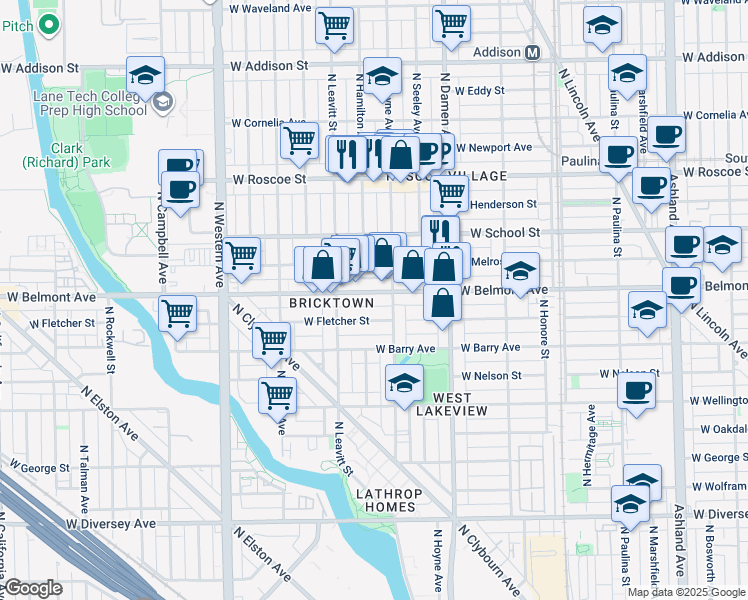 map of restaurants, bars, coffee shops, grocery stores, and more near 3214 North Hoyne Avenue in Chicago