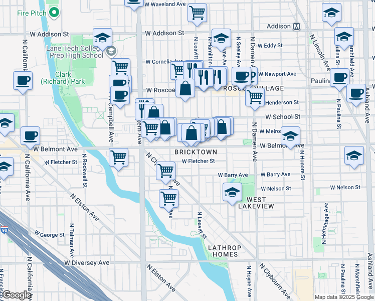 map of restaurants, bars, coffee shops, grocery stores, and more near 2219 West Melrose Street in Chicago
