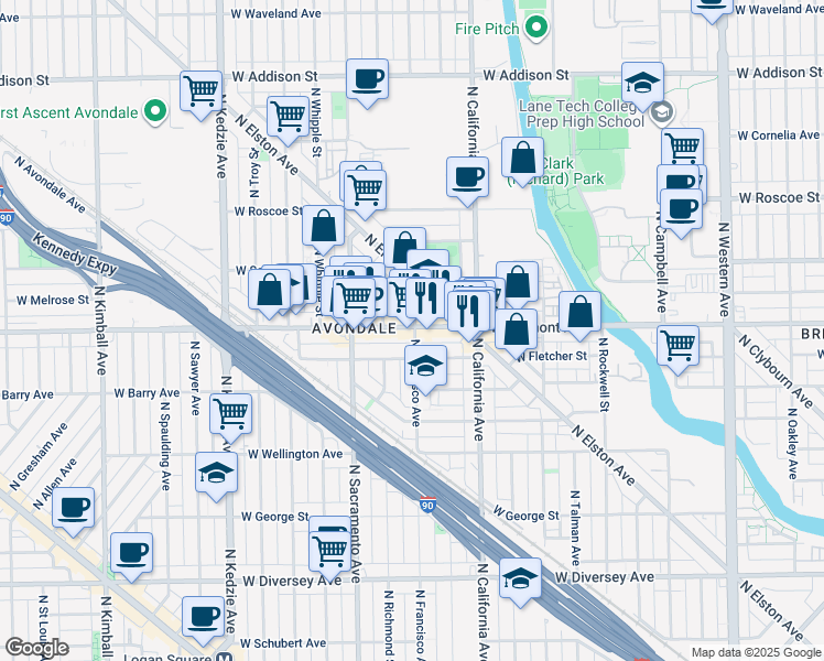 map of restaurants, bars, coffee shops, grocery stores, and more near 3216 North Francisco Avenue in Chicago