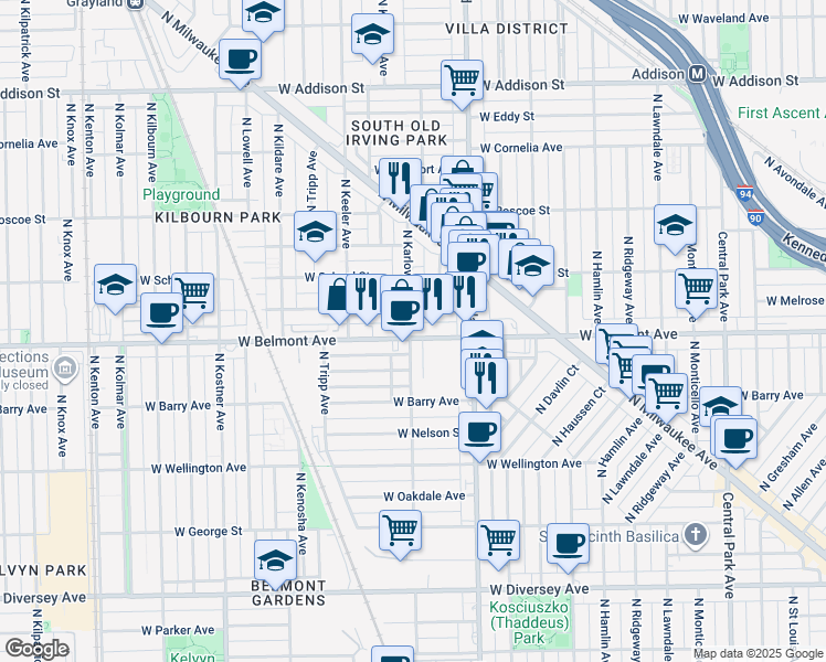 map of restaurants, bars, coffee shops, grocery stores, and more near 4047 West Melrose Street in Chicago