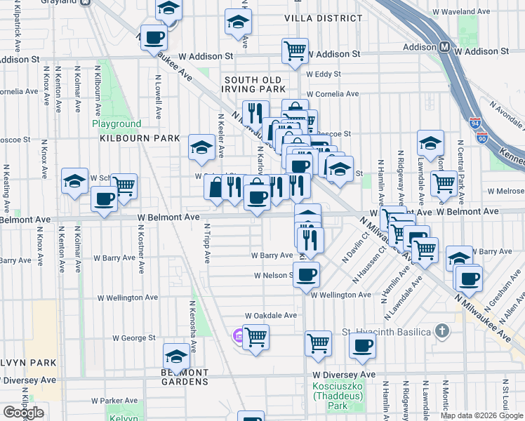 map of restaurants, bars, coffee shops, grocery stores, and more near 4047 West Melrose Street in Chicago
