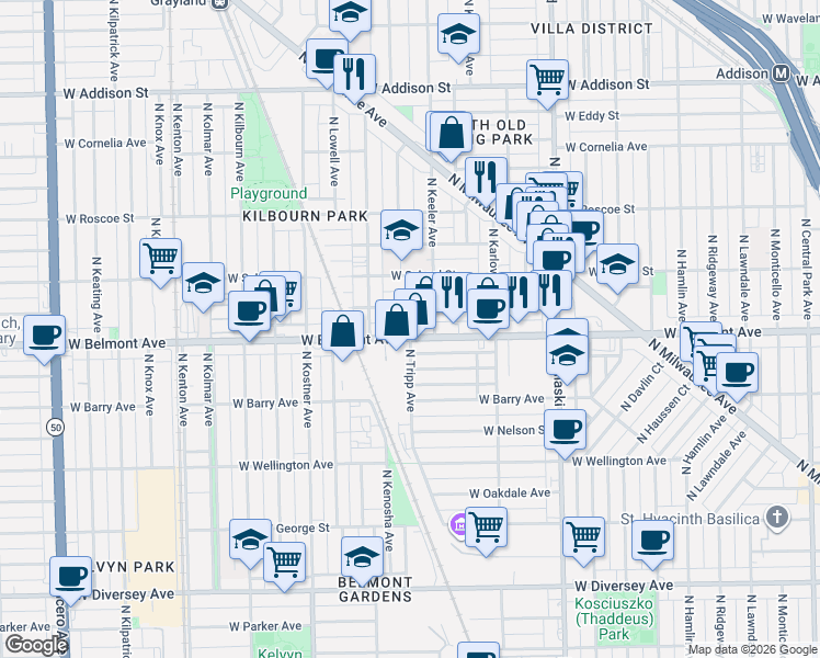 map of restaurants, bars, coffee shops, grocery stores, and more near 4234 West Melrose Street in Chicago