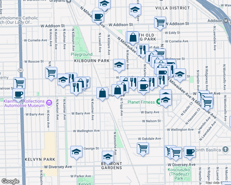 map of restaurants, bars, coffee shops, grocery stores, and more near 4234 West Melrose Street in Chicago