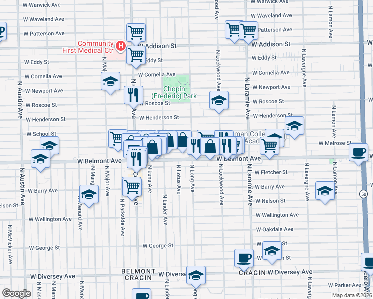map of restaurants, bars, coffee shops, grocery stores, and more near 5405 West School Street in Chicago