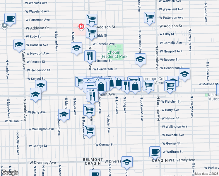 map of restaurants, bars, coffee shops, grocery stores, and more near 5445 West School Street in Chicago