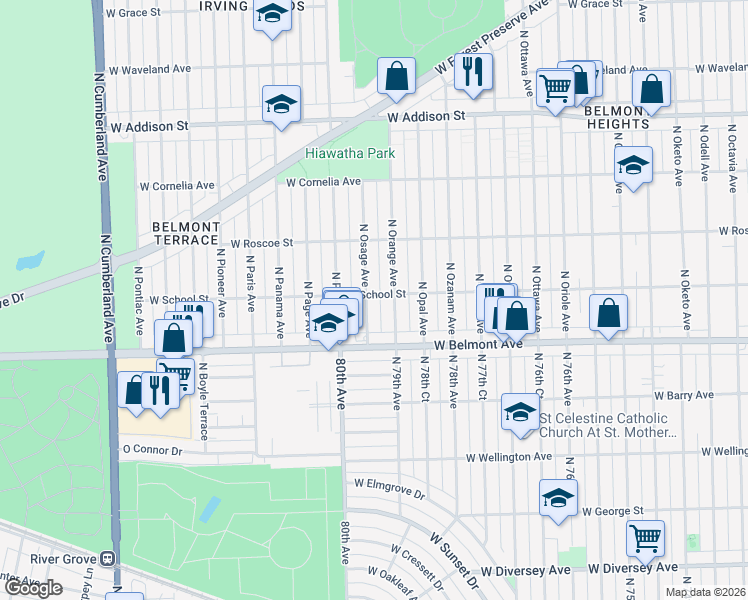 map of restaurants, bars, coffee shops, grocery stores, and more near 3319 North Osage Avenue in Chicago