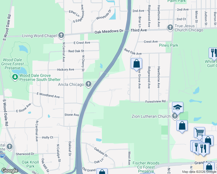 map of restaurants, bars, coffee shops, grocery stores, and more near 17W120 Woodland Avenue in Bensenville
