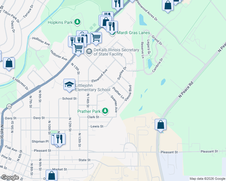 map of restaurants, bars, coffee shops, grocery stores, and more near 1609 Oakwood Avenue in DeKalb
