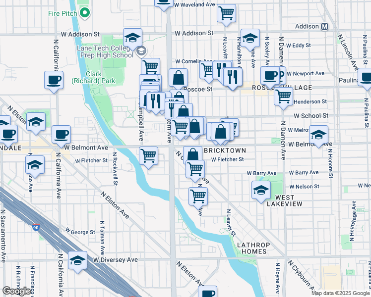 map of restaurants, bars, coffee shops, grocery stores, and more near 2337 West Melrose Street in Chicago