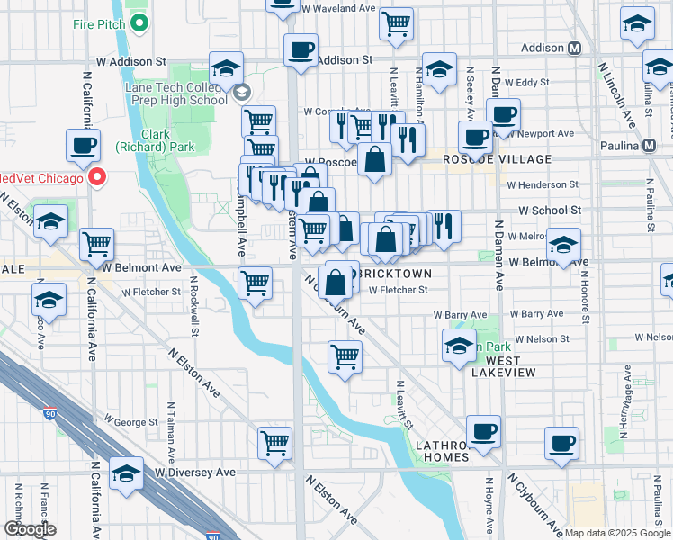 map of restaurants, bars, coffee shops, grocery stores, and more near 3209 North Oakley Avenue in Chicago