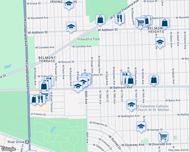 map of restaurants, bars, coffee shops, grocery stores, and more near 3319 North Osage Avenue in Chicago