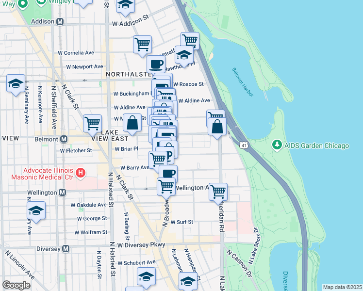 map of restaurants, bars, coffee shops, grocery stores, and more near 3161 North Cambridge Avenue in Chicago