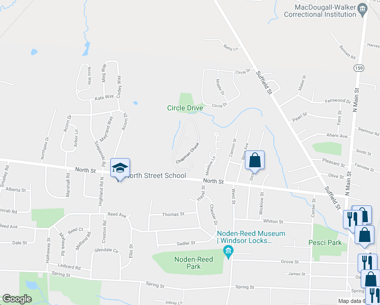 map of restaurants, bars, coffee shops, grocery stores, and more near 39 Chapman Chase in Windsor Locks