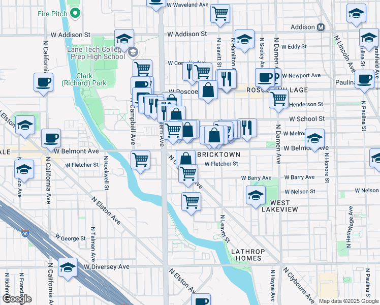 map of restaurants, bars, coffee shops, grocery stores, and more near 3209 North Oakley Avenue in Chicago