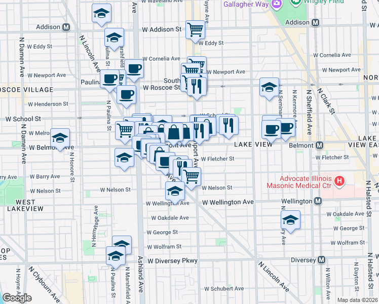 map of restaurants, bars, coffee shops, grocery stores, and more near 1416 West Belmont Avenue in Chicago