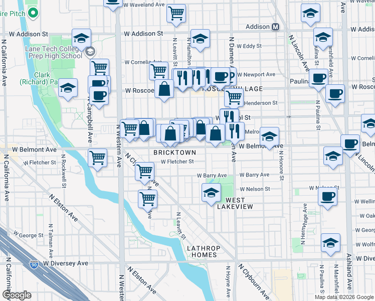 map of restaurants, bars, coffee shops, grocery stores, and more near 2143 West Melrose Street in Chicago