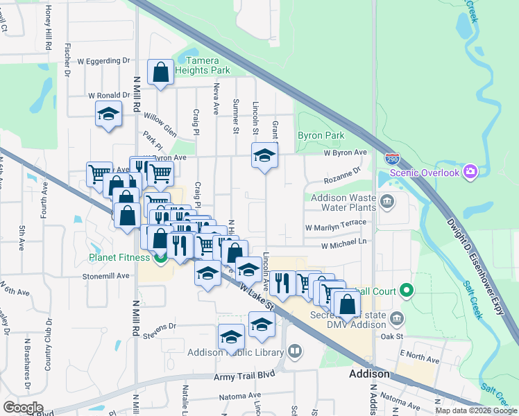 map of restaurants, bars, coffee shops, grocery stores, and more near 720 North Lincoln Avenue in Addison